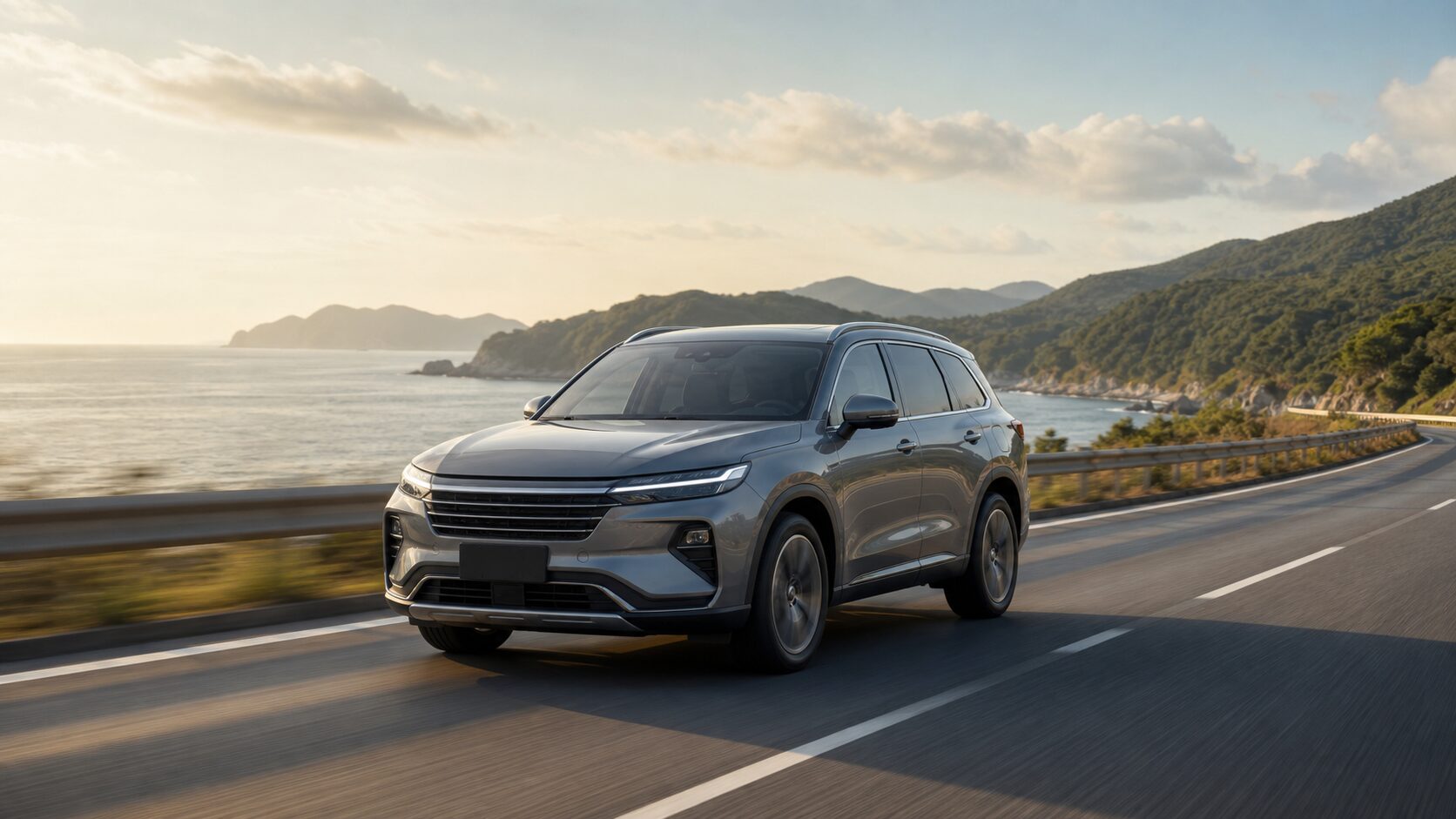 해안 도로를 달리는 중형 SUV 이미지