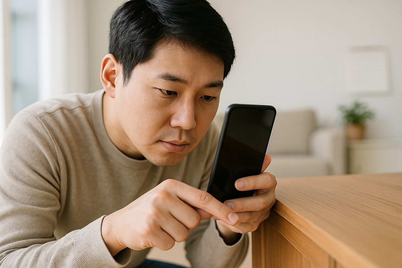 새 가구 모서리의 작은 흠집을 휴대폰으로 촬영하며 손가락으로 가리키는 장면