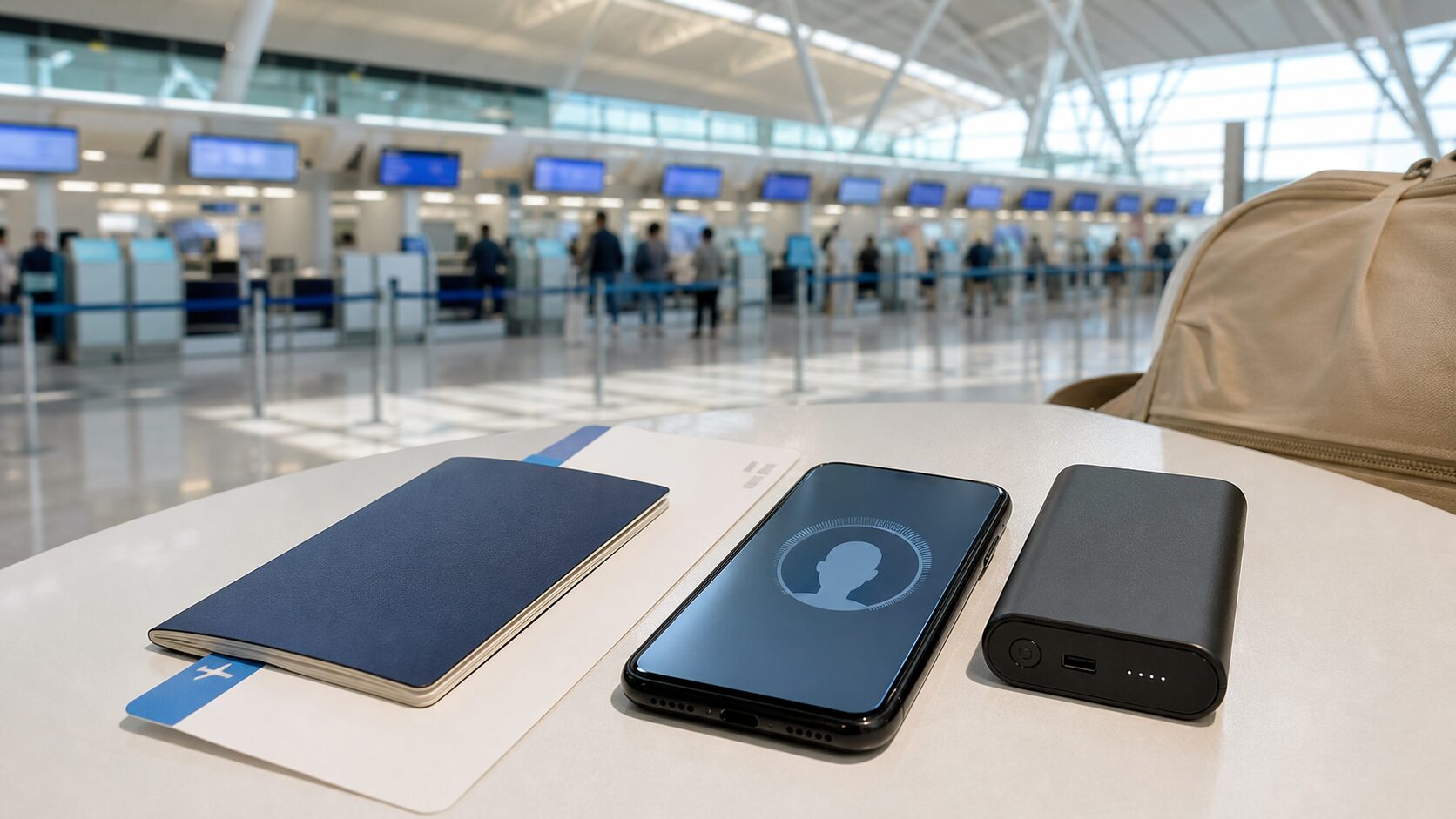 공항 출국 전 여권 탑승권 스마트폰 보조배터리를 함께 확인하는 장면