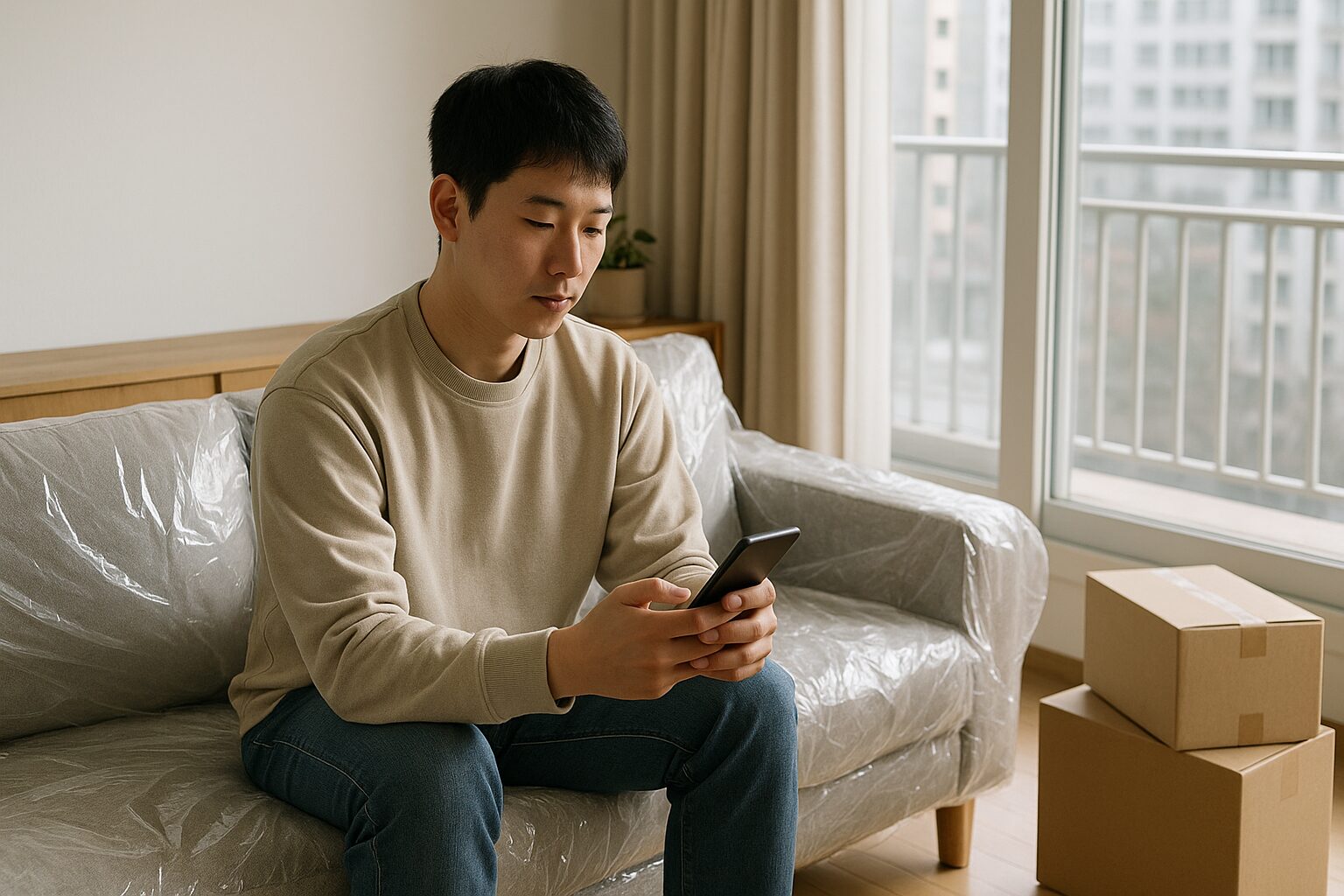 한국 아파트 거실에서 새 소파와 배송 상자를 옆에 두고 휴대폰 주문 내역을 확인하는 장면