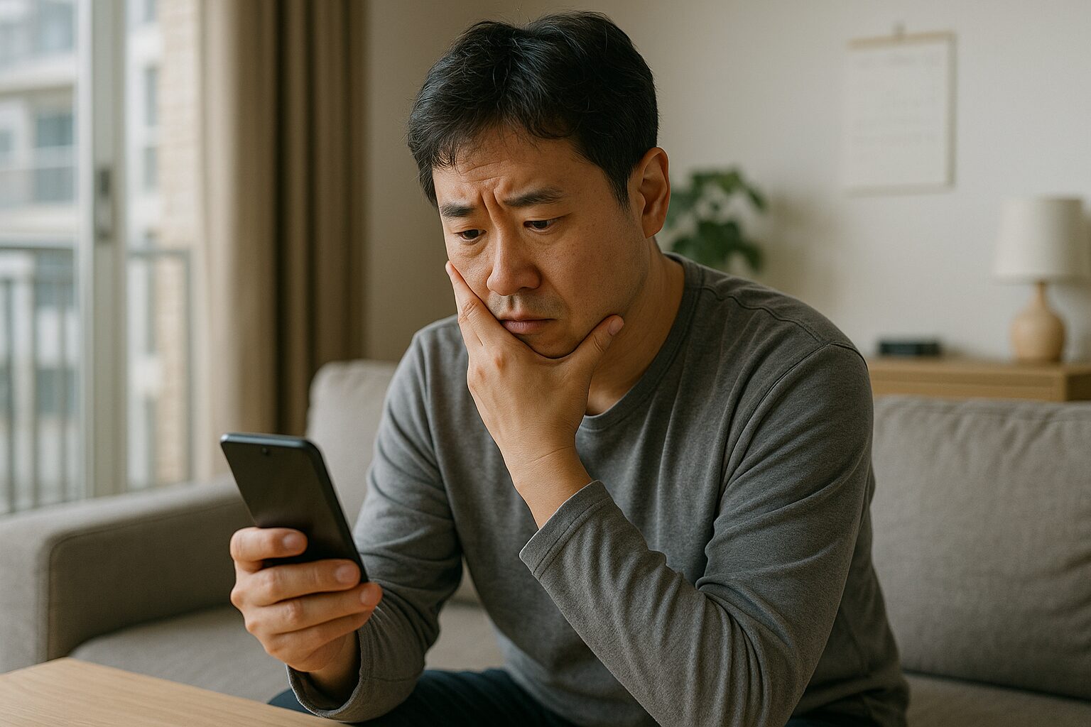 한국 아파트 거실에서 휴대폰 알림을 보고 당황한 사람이 화면을 확인하는 장면
