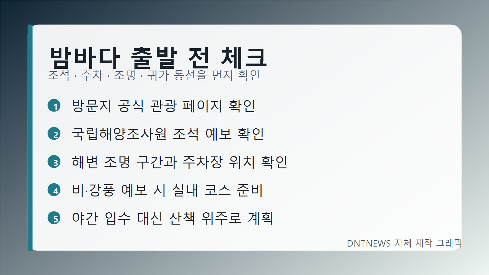 밤바다 여행 전 조석 주차 조명 귀가 동선을 확인하라는 체크리스트 그래픽