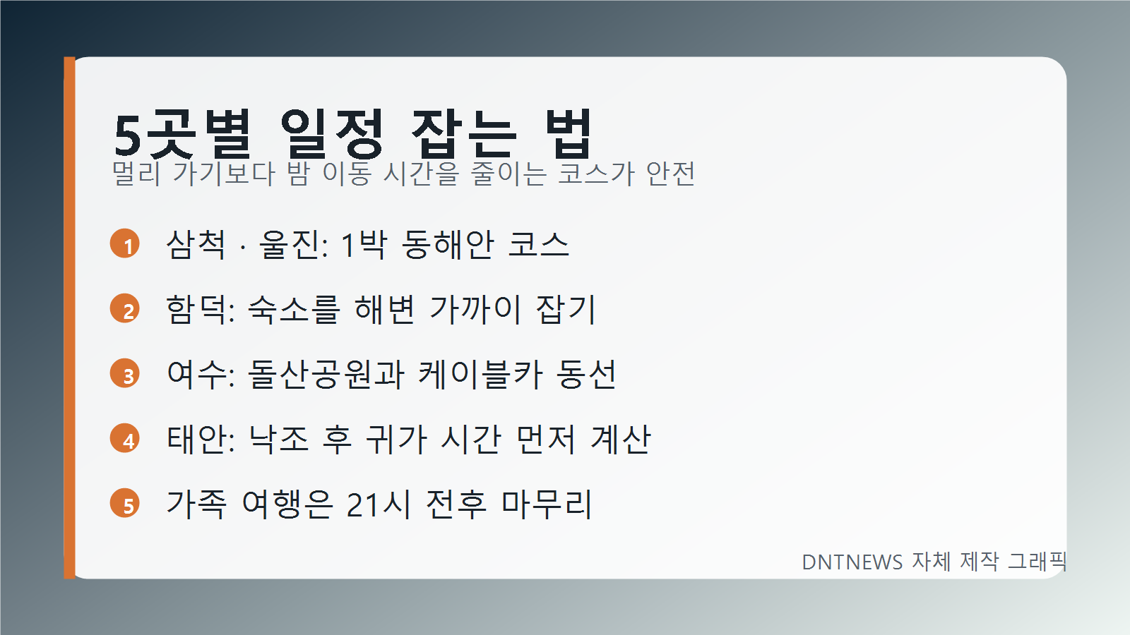 삼척 함덕 여수 태안 등 밤바다 여행 일정 잡는 법을 정리한 그래픽
