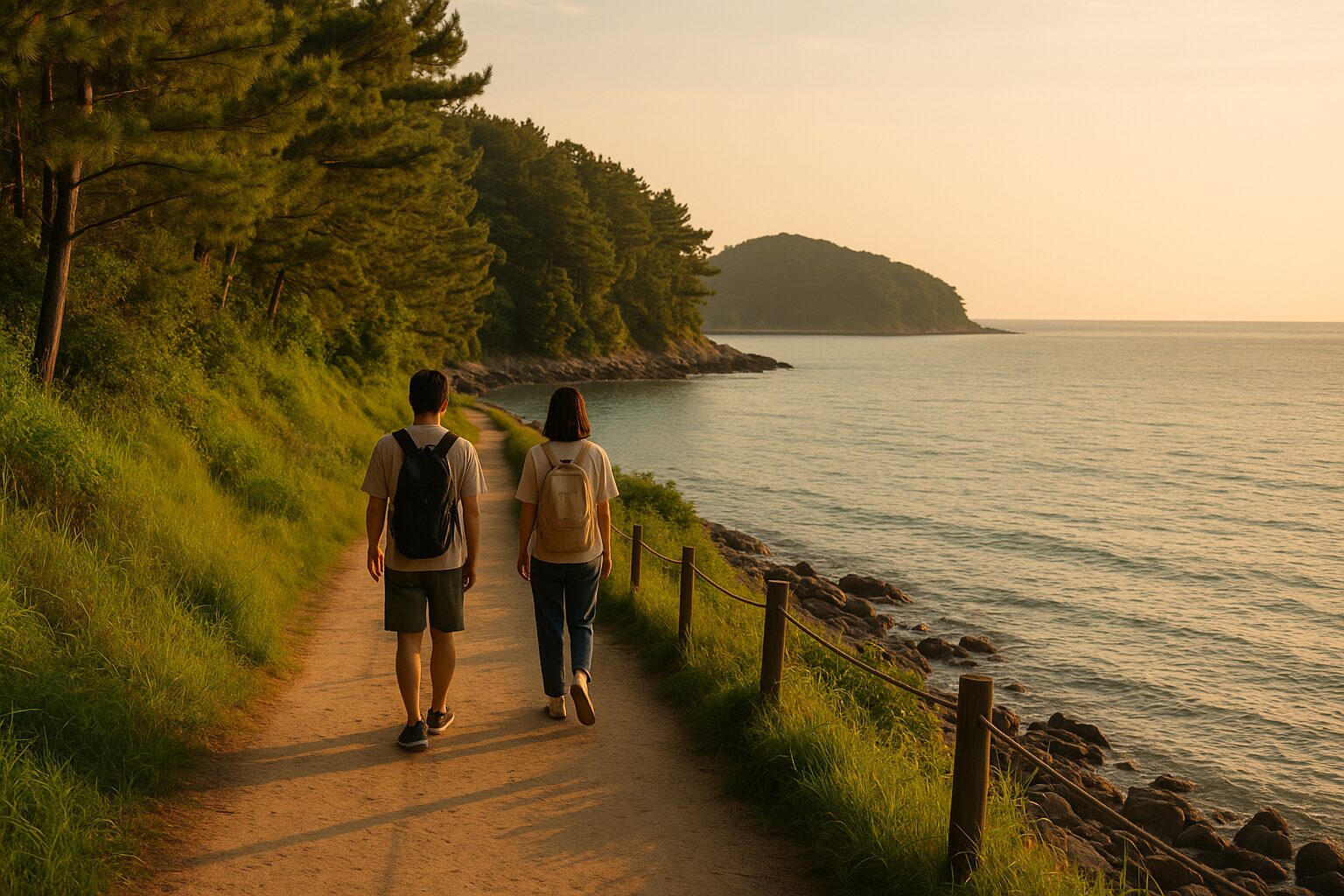 숲과 바다가 만나는 조용한 여름 산책길을 천천히 걷는 여행자들