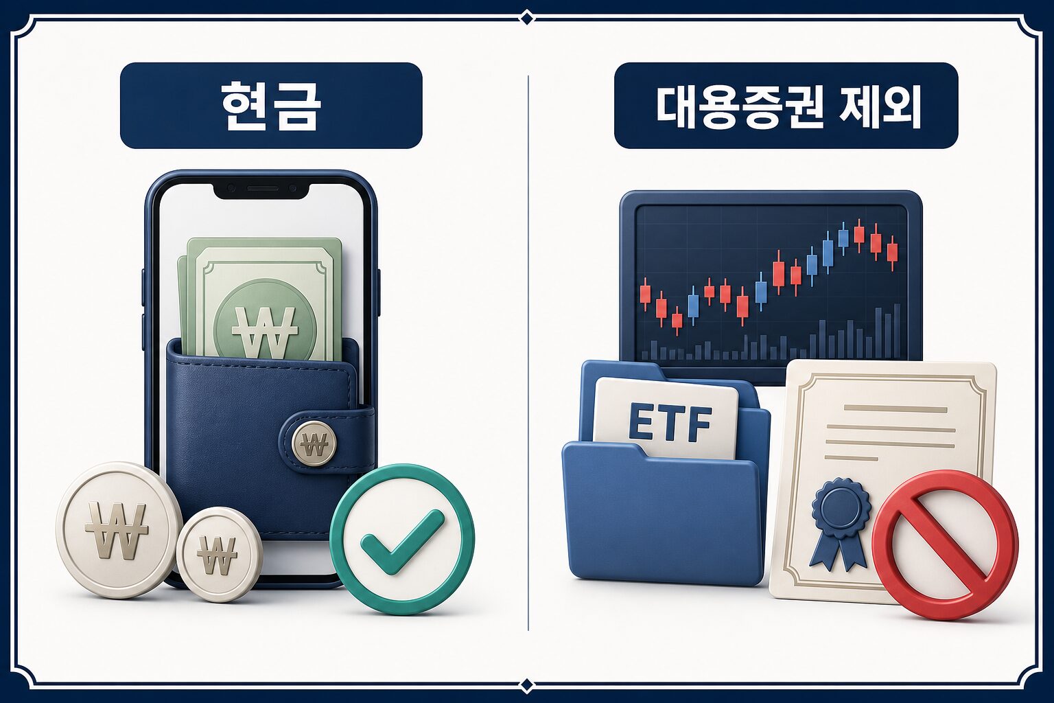 현금은 기본예탁금으로 인정되고 주식 ETF 채권 등 대용증권은 제외되는 비교