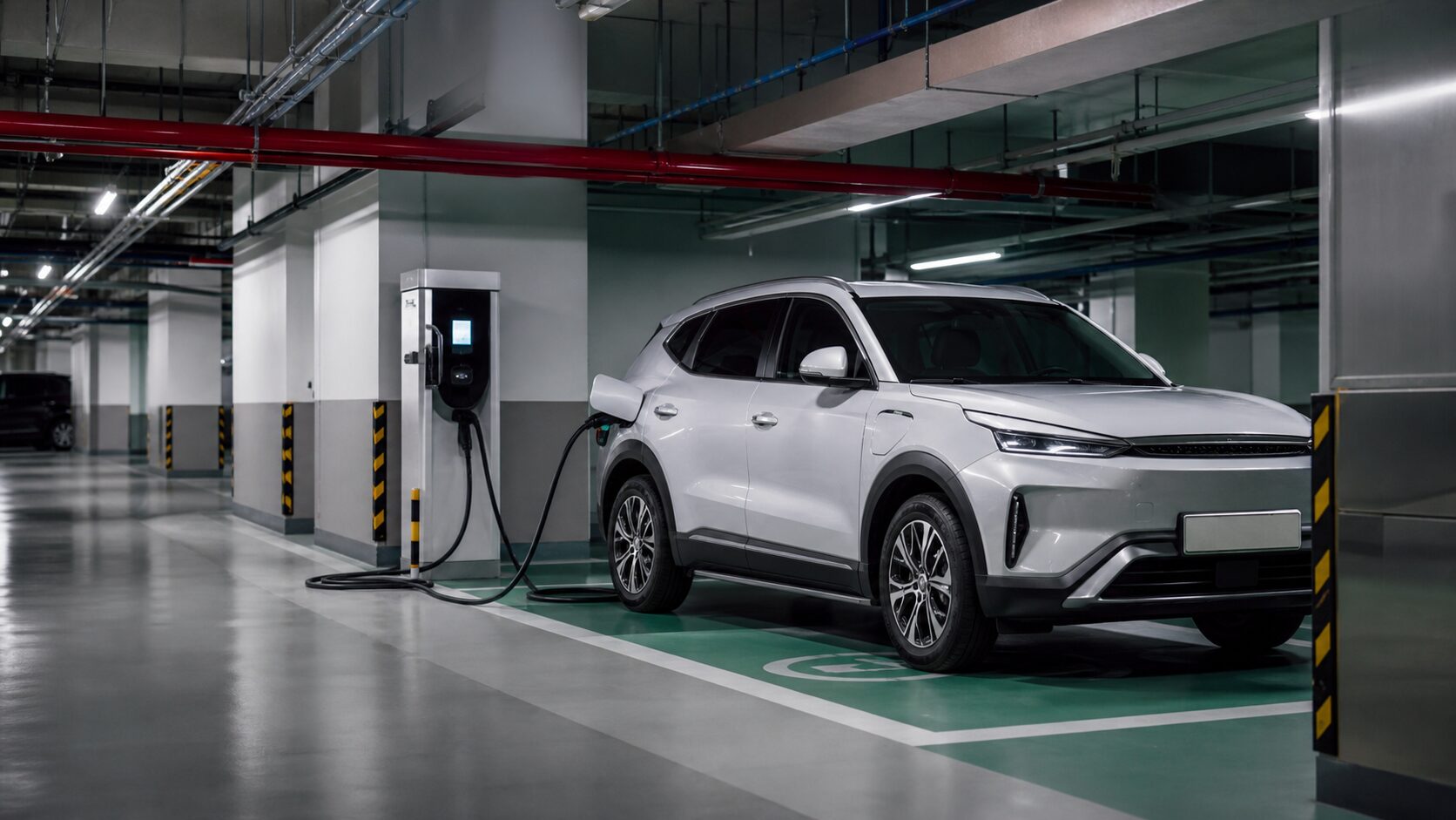 지하주차장 전기차 충전구역에서 충전 중인 전기 SUV