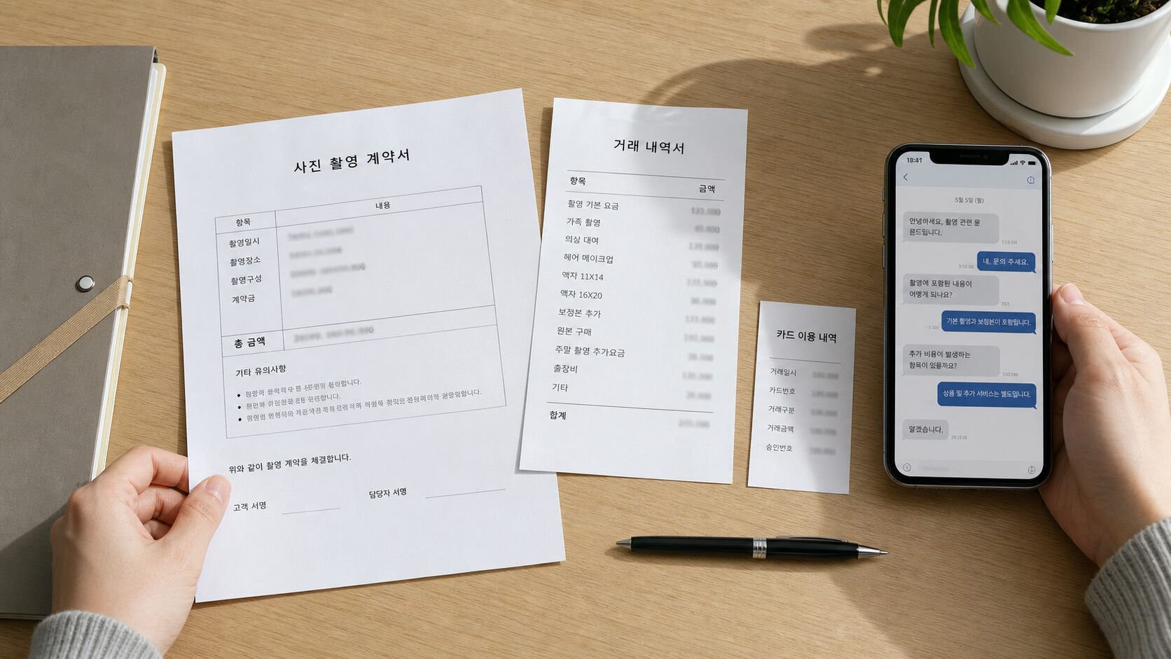사진 촬영 계약서와 거래 내역, 카드 결제 기록, 메시지 화면을 한자리에 모아 확인하는 모습