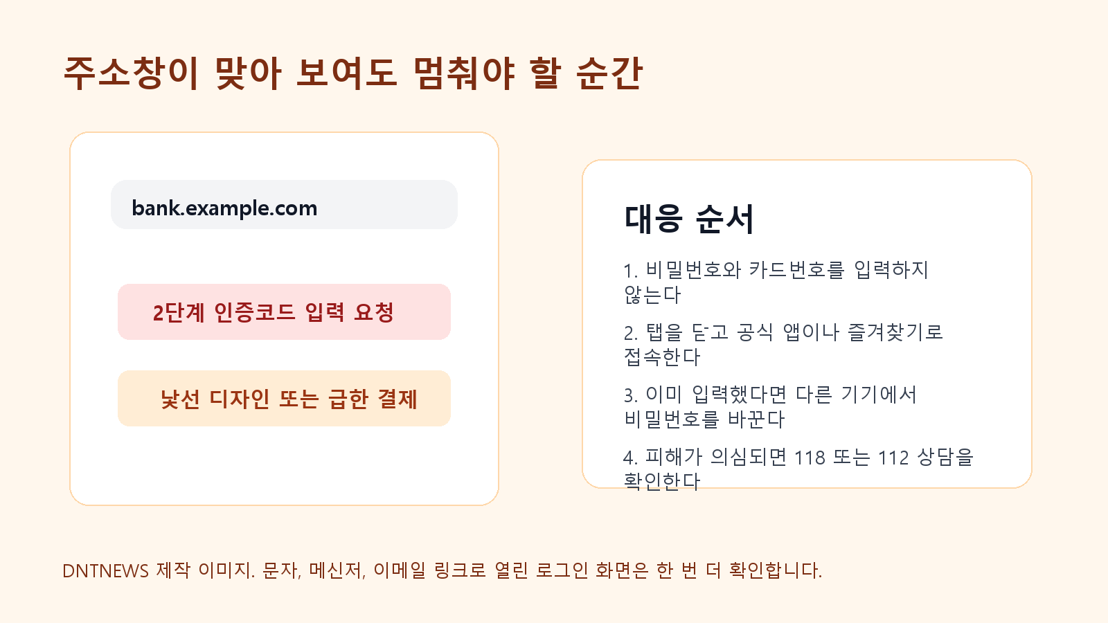 주소창이 정상처럼 보여도 낯선 로그인 화면에서는 입력을 멈춰야 한다는 보안 경고 이미지