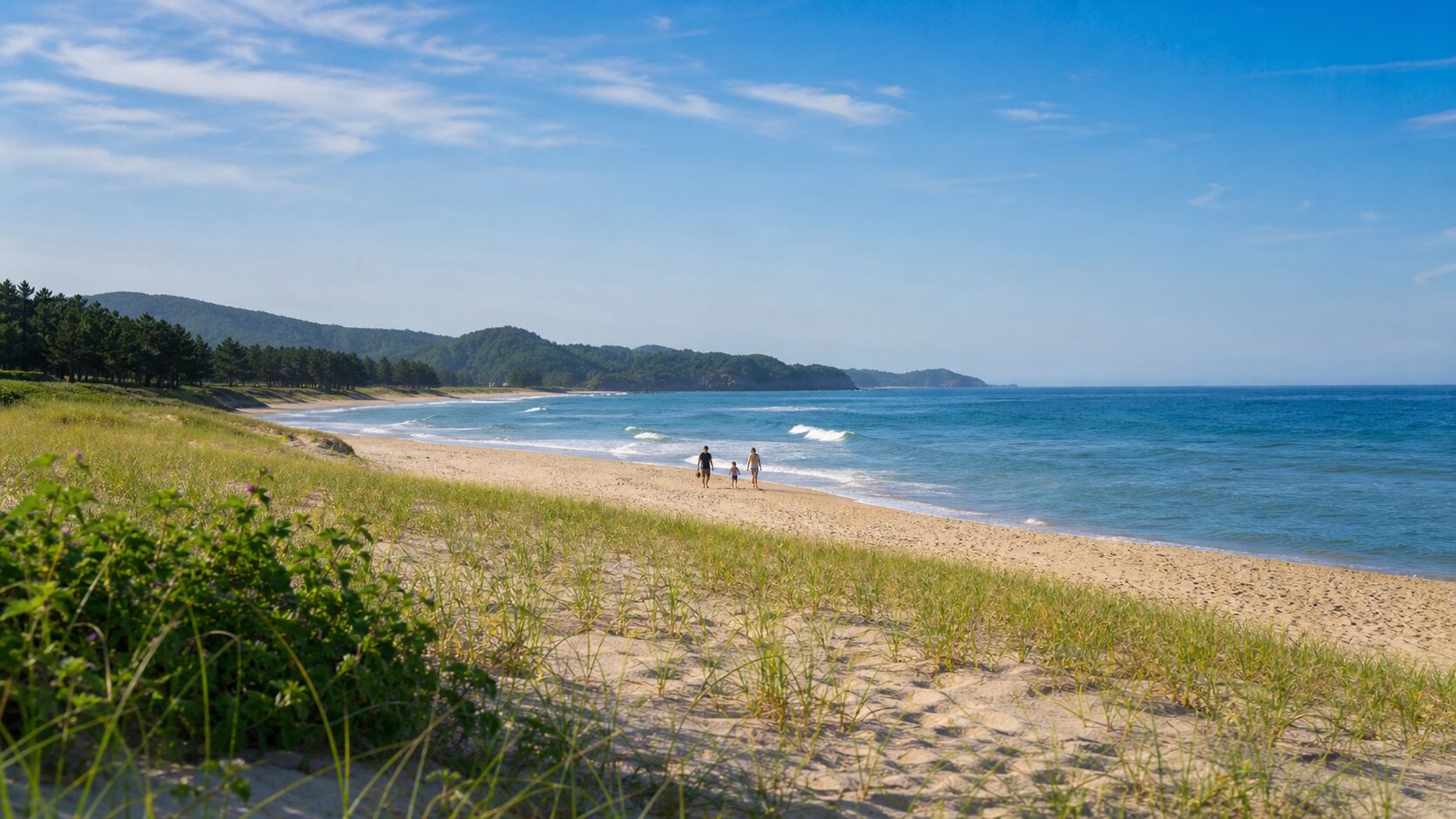 고성 해변을 걷는 가족과 동해 풍경 AI 생성 이미지