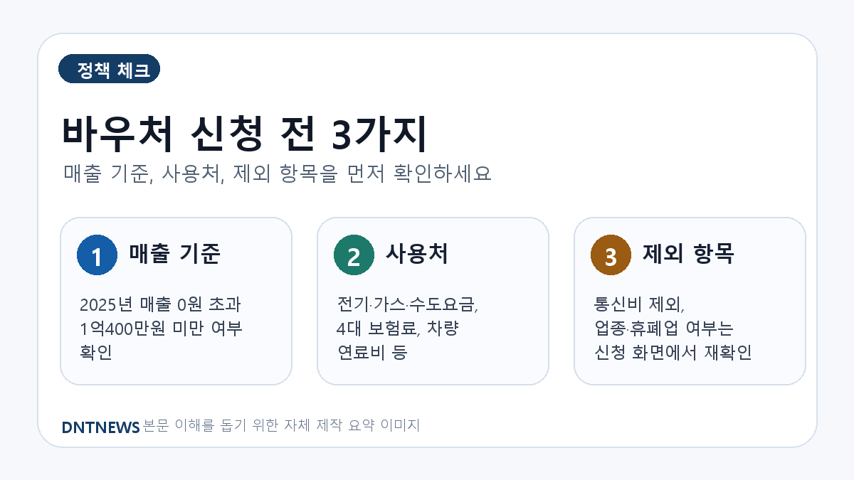 소상공인 경영안정 바우처 신청 전 매출 기준과 사용처 체크 인포그래픽