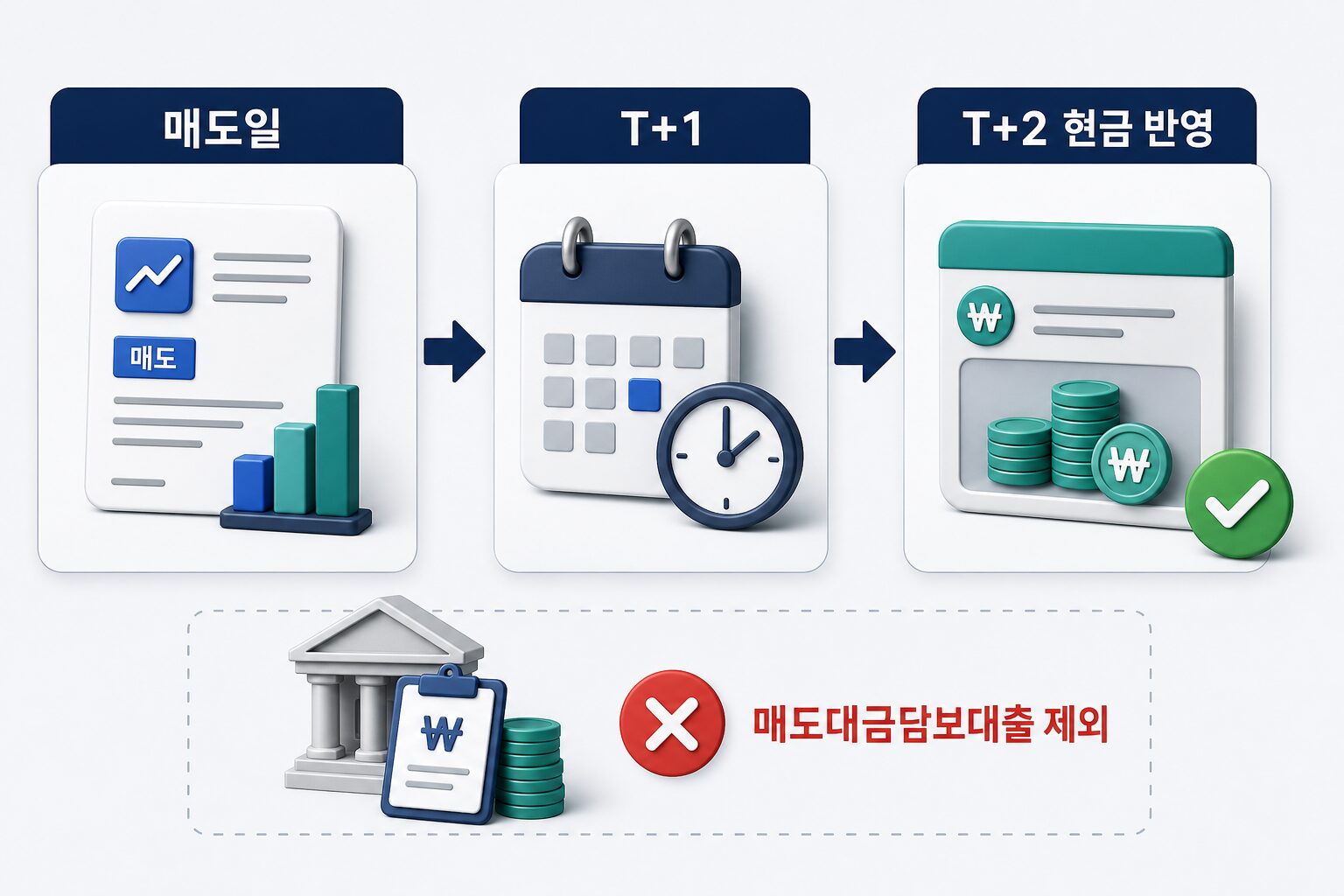 주식 매도대금이 T+2일 결제 후 현금 기본예탁금으로 반영되는 과정