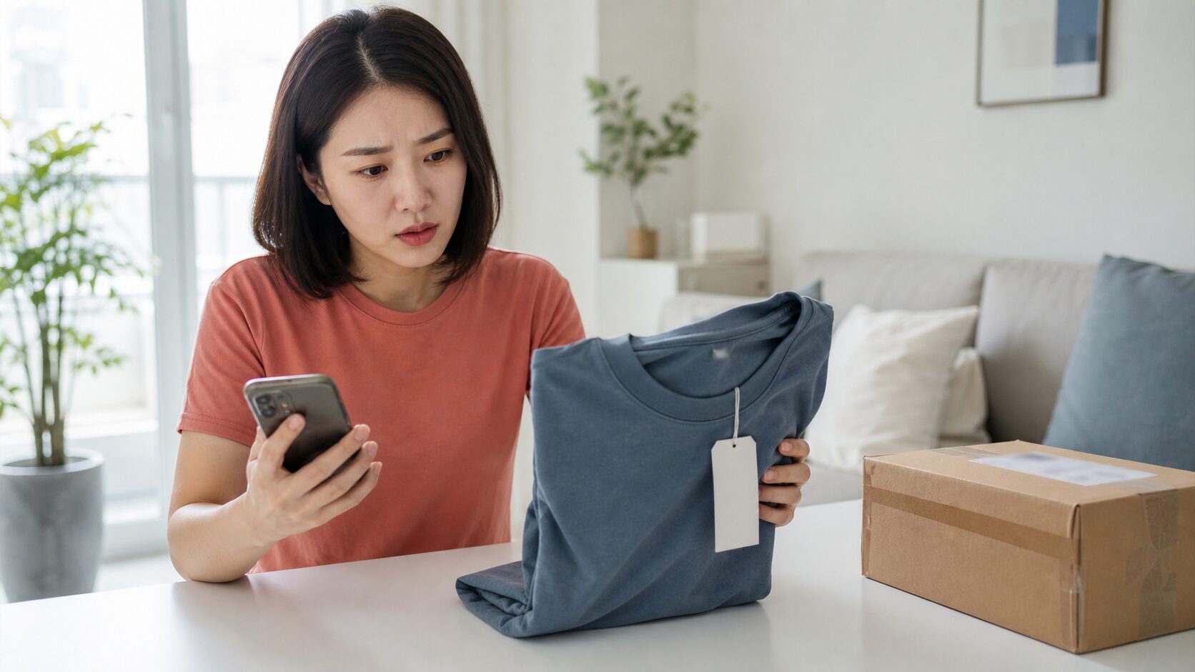 주문한 티셔츠와 배송 상품을 비교하는 소비자