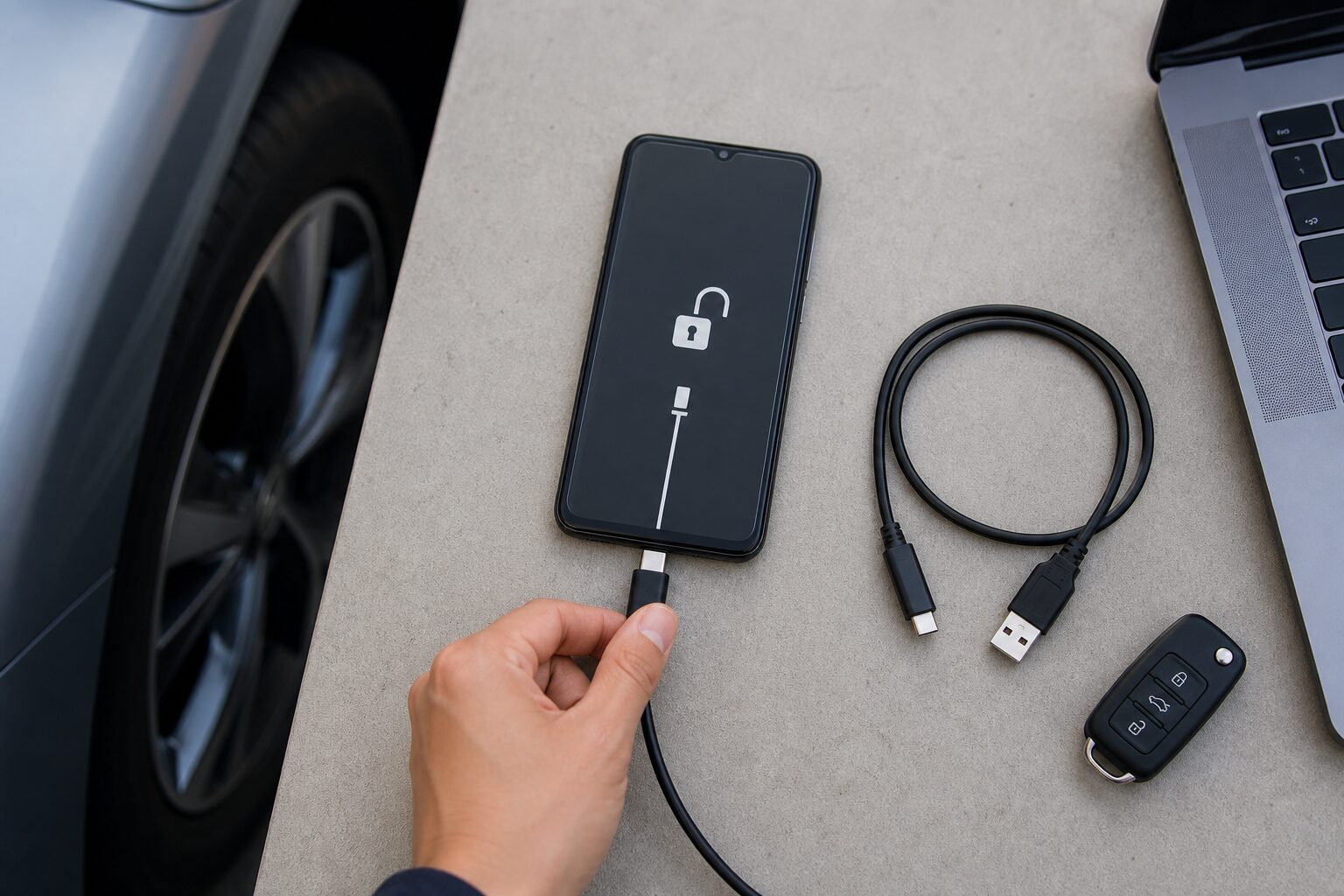 잠금 해제된 스마트폰에 USB 케이블을 다시 연결하고 여분 케이블을 비교하는 모습
