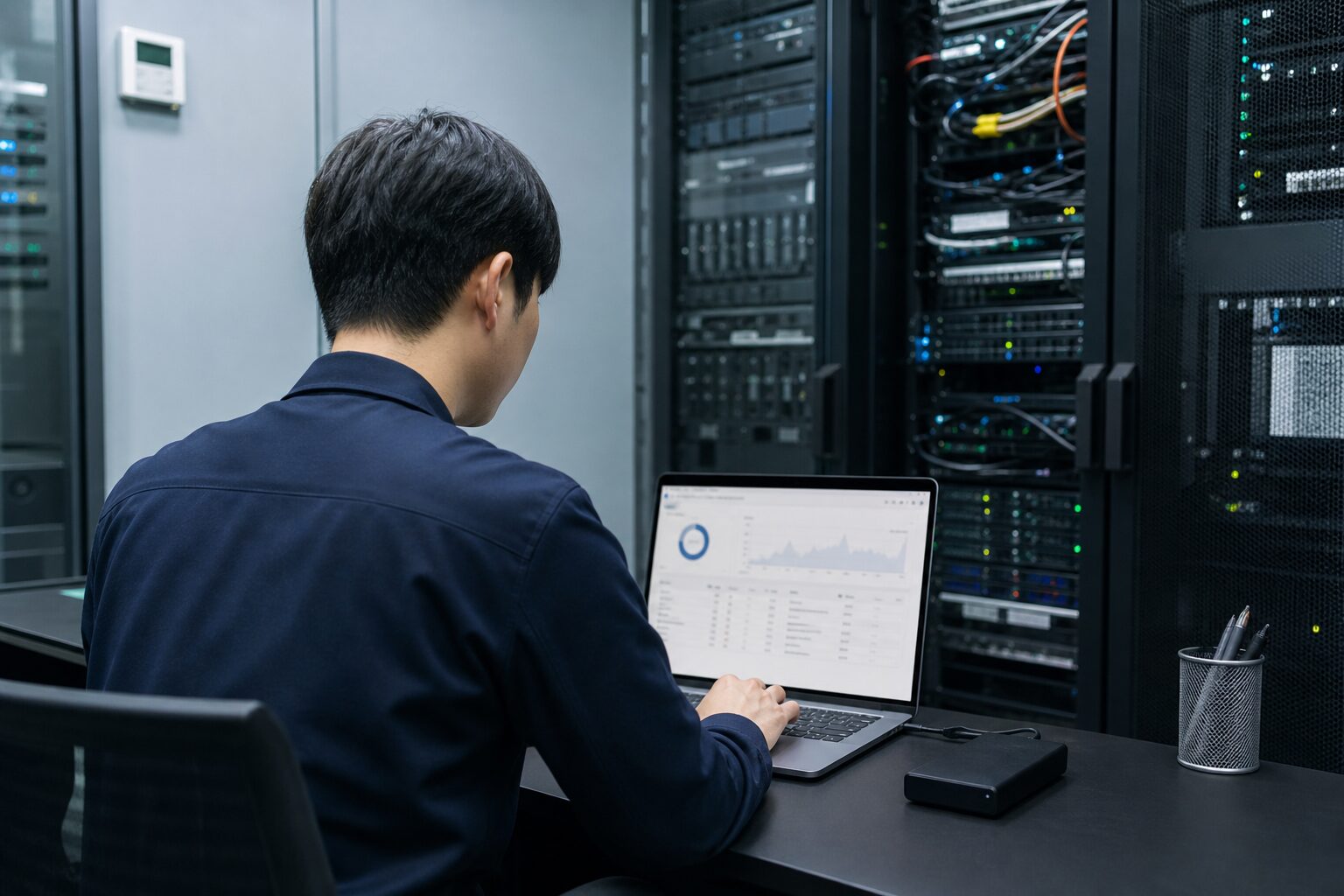 서버실에서 데이터베이스 서버의 업데이트 상태를 점검하는 관리자