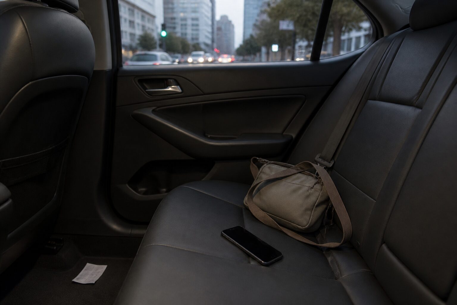 도시 택시 뒷좌석에 휴대전화와 작은 가방이 놓인 모습