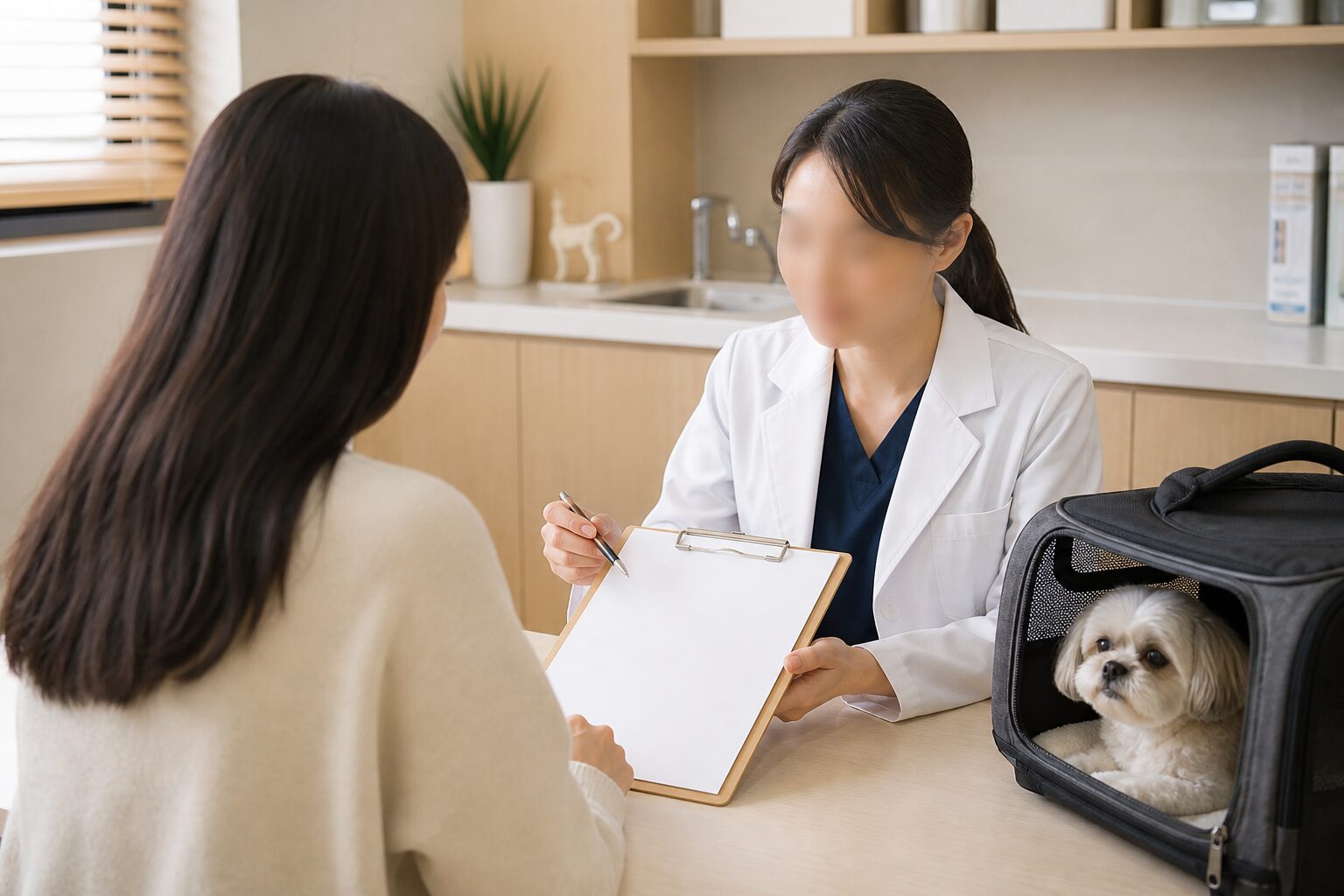 반려견 보호자가 동물병원에서 수술 동의서와 예상 진료비를 확인하는 장면
