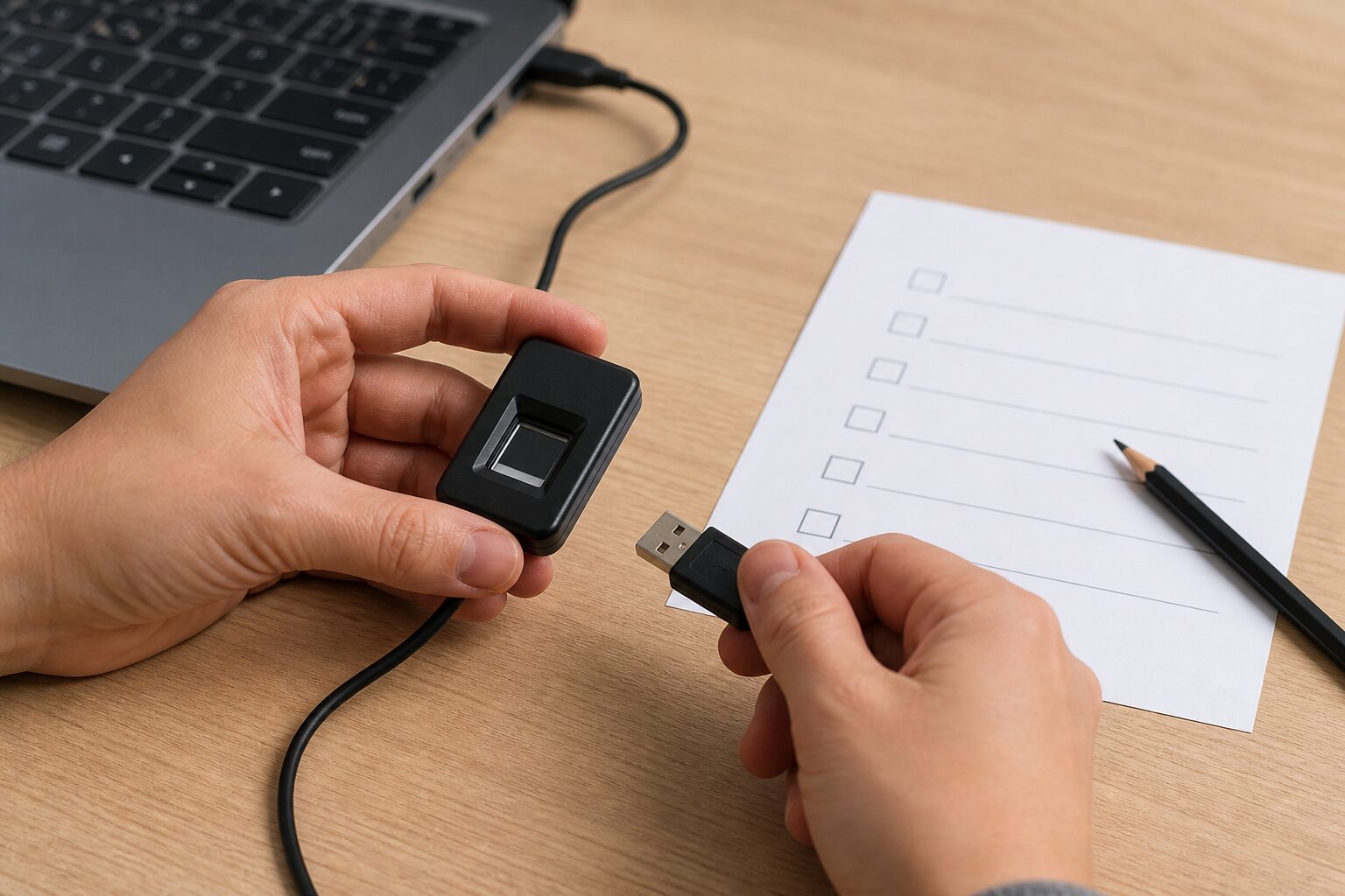 USB 지문인식기와 케이블을 체크리스트 옆에서 점검하는 모습