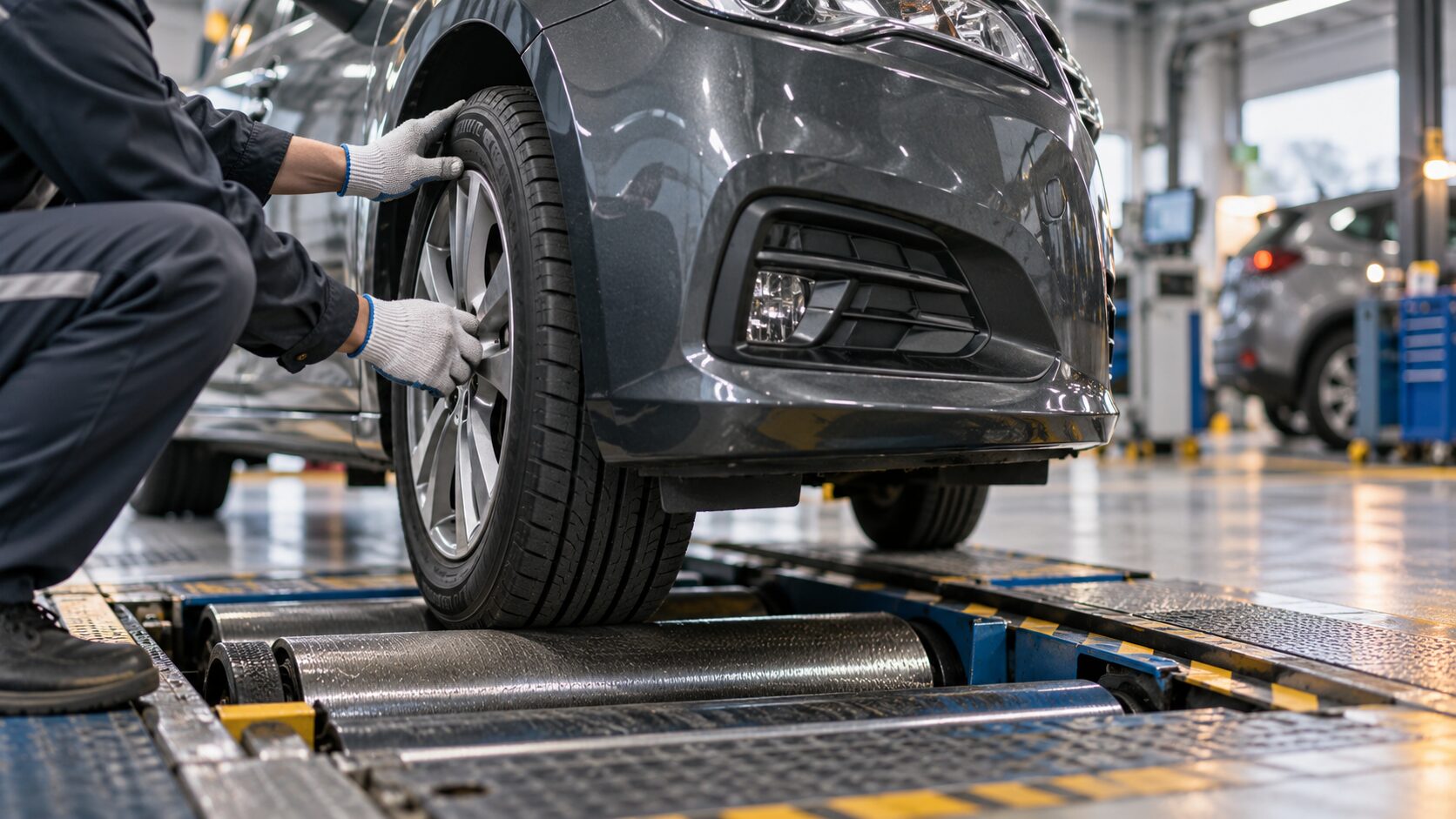 차량 점검 설비 위에서 회색 승용차의 앞바퀴를 살펴보는 장갑 낀 손