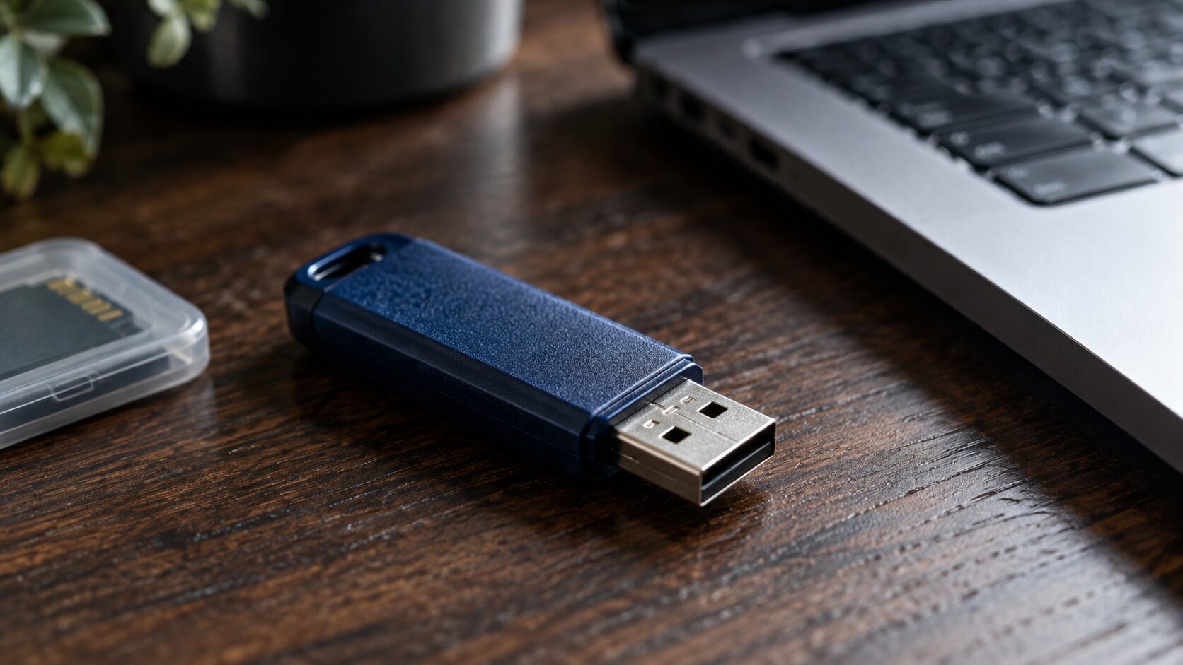 나무 책상 위의 파란색 무지 USB 메모리와 노트북 모서리를 표현한 생성 이미지
