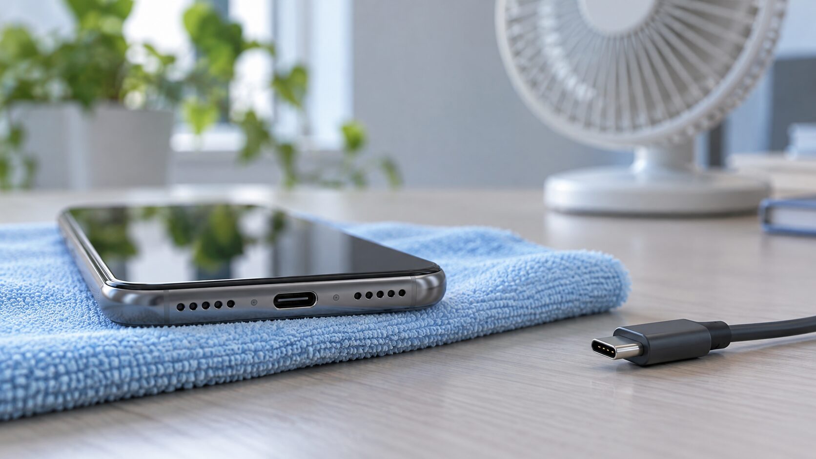 충전 케이블을 분리하고 통풍되는 곳에 둔 스마트폰 USB 단자를 표현한 생성 이미지