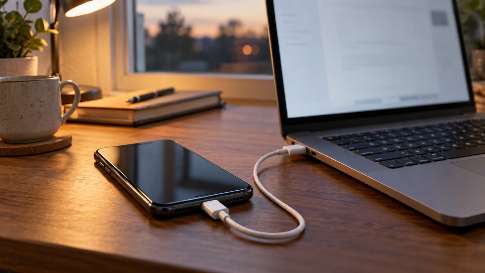 일반 스마트폰을 USB 케이블로 컴퓨터에 연결한 백업 개념 장면