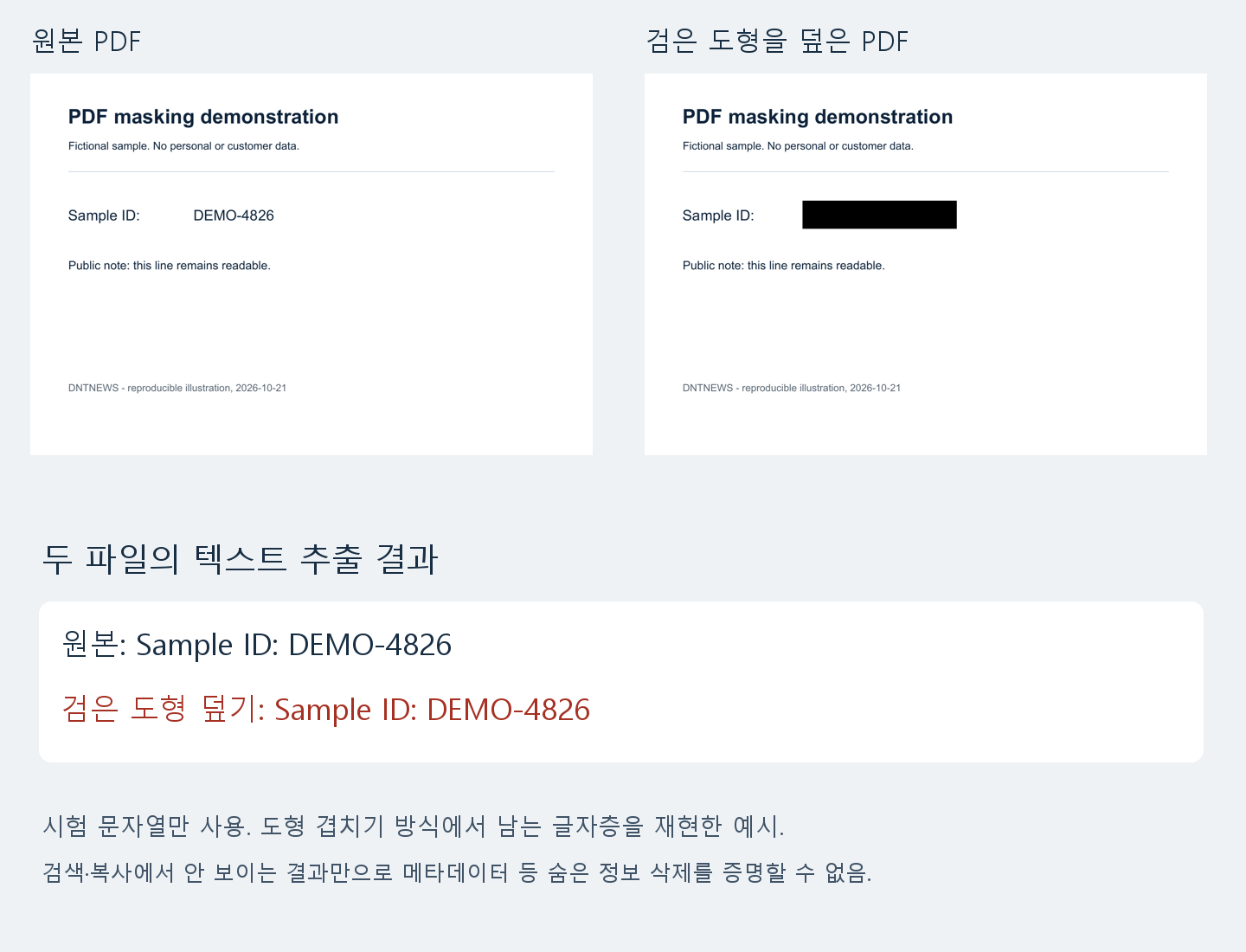원본과 검은 도형을 덮은 PDF 화면 비교 및 두 파일 모두에서 DEMO-4826이 추출된 결과
